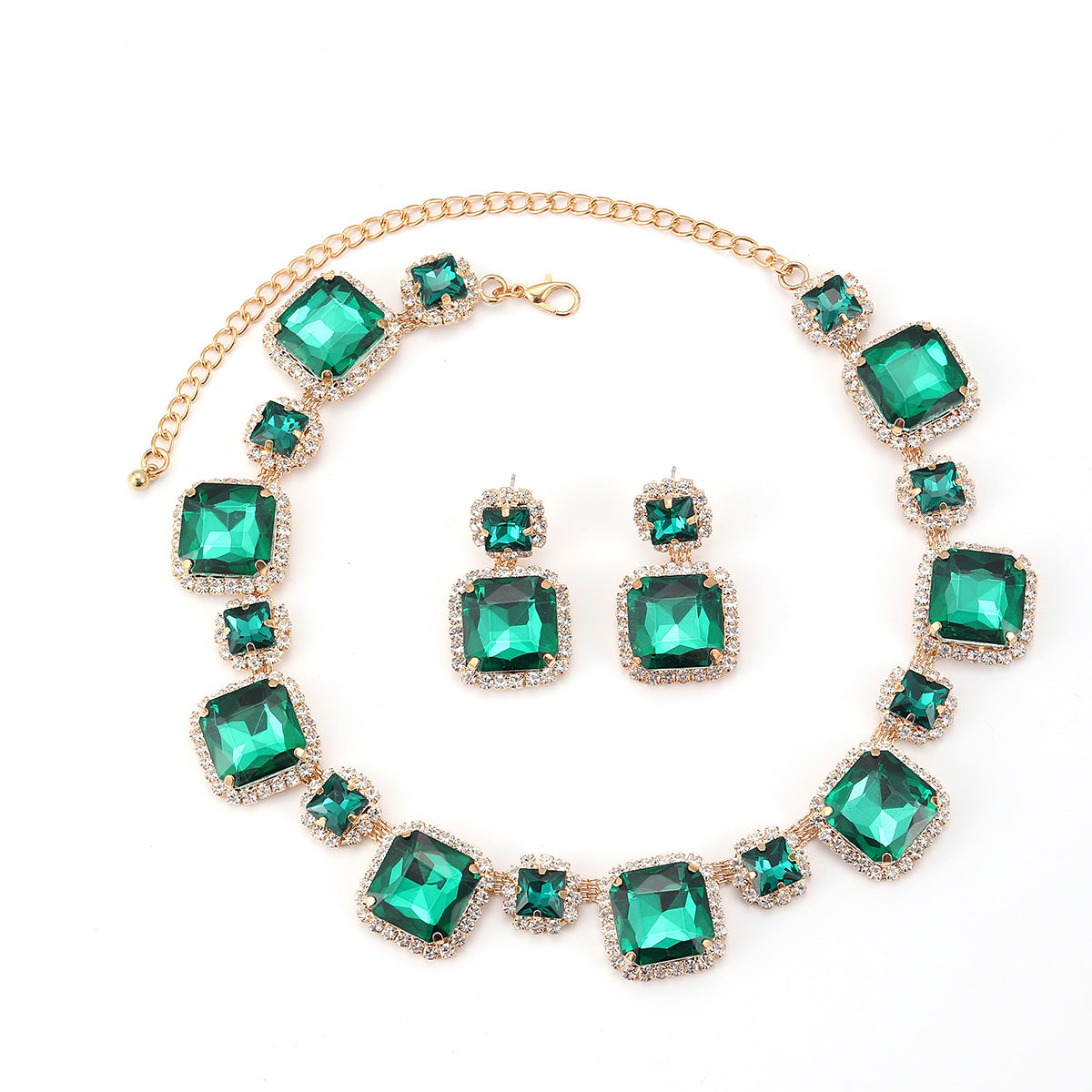 Wholesale Square rhinestone green red white earring necklace set