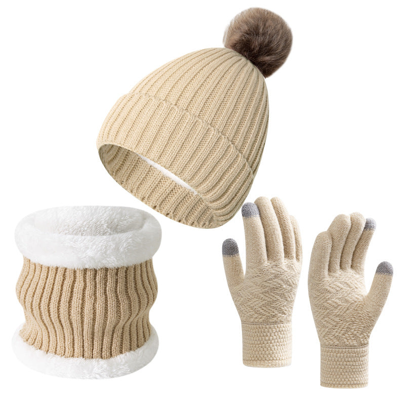 Wholesale Knitted Wool Warm Plus Velvet Thick Winter Scarf Gloves Hat Neck Three-piece Set