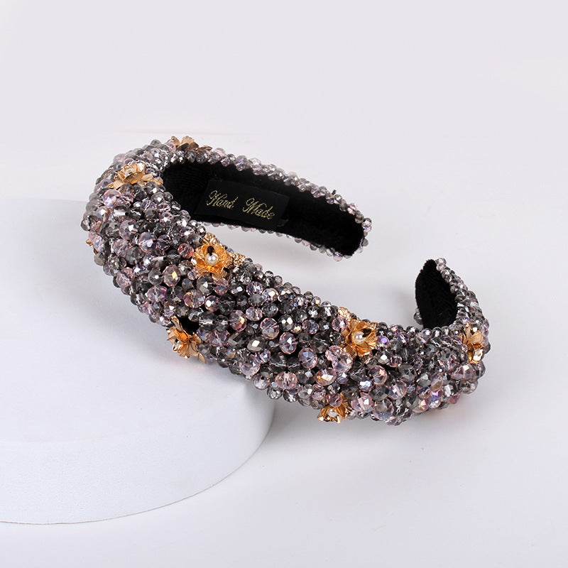 Wholesale 10Pcs Heavy Industry Crystal Beaded Retro Baroque Thick Sponge Wide Brim Pressed Headband