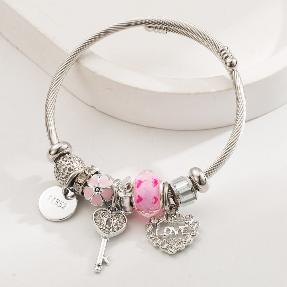 Wholesale  Stainless Steel Bracelet  Crystal Beaded Love Key Pendant Bracelet