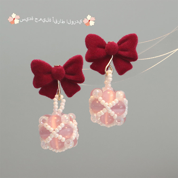 Wholesale Autumn and Winter Burgundy Bow Rice Bead Earrings
