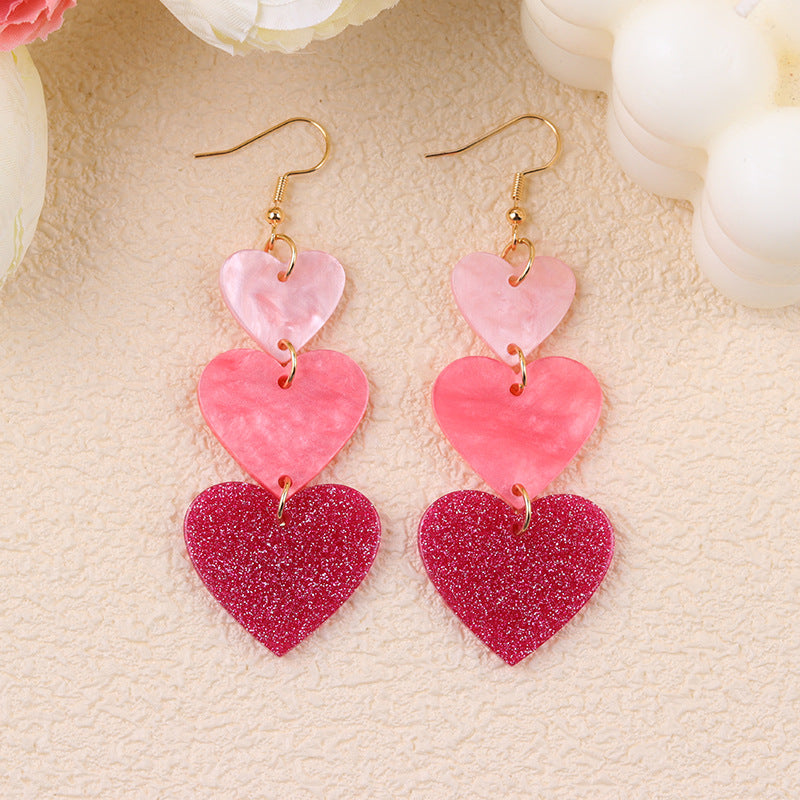 Wholesale Asymmetric long triple heart Acrylic Earrings