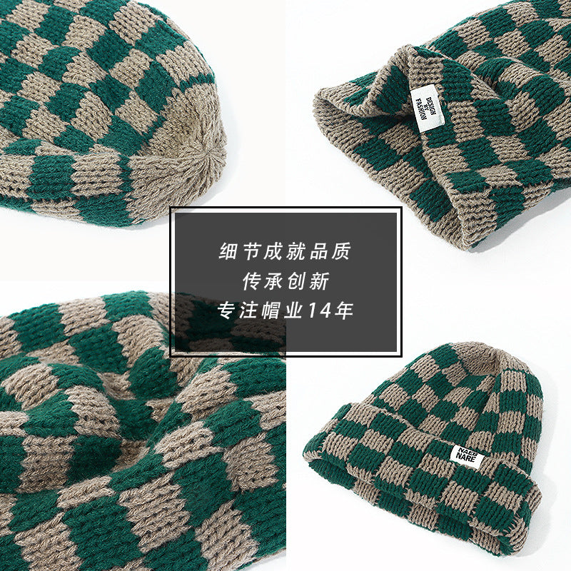 Wholesale Checkerboard plaid knitted hat women' s autumn and winter face-revealing small warm hat