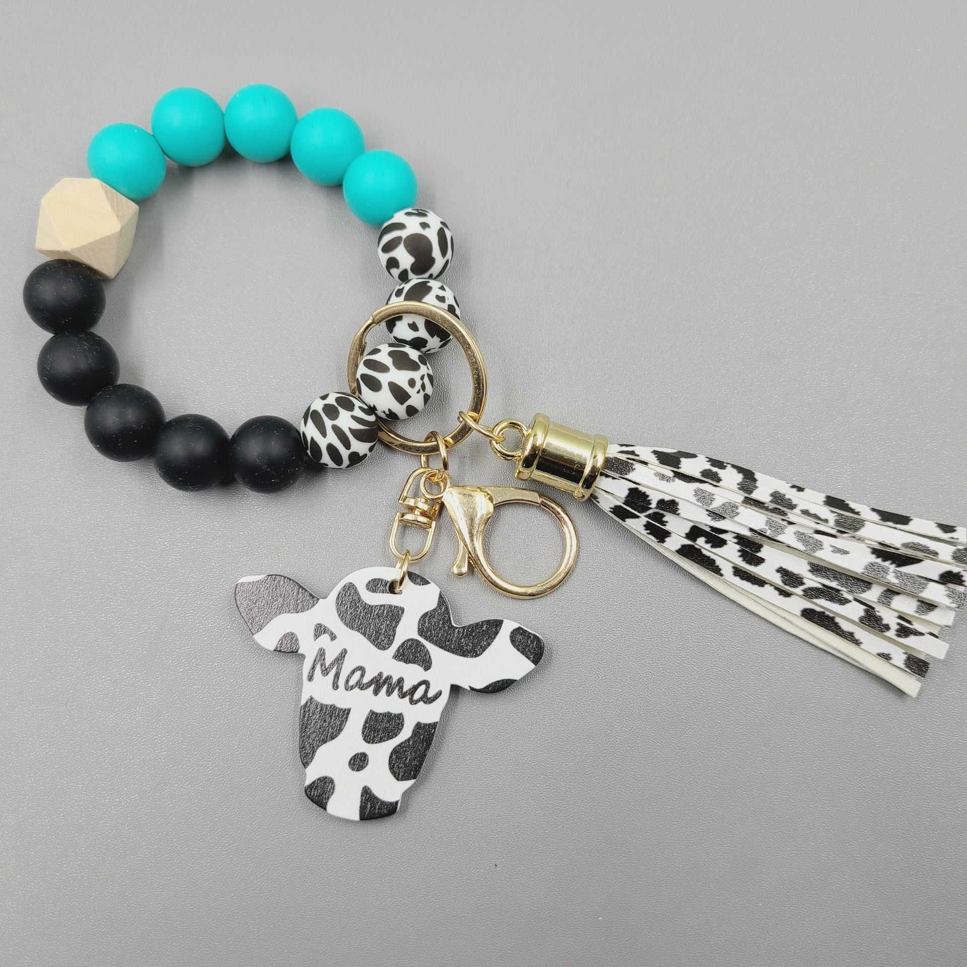 Wholesale Western Style Wood Chips MAMA Bull Head Silicone Beads Bracelet Keychain