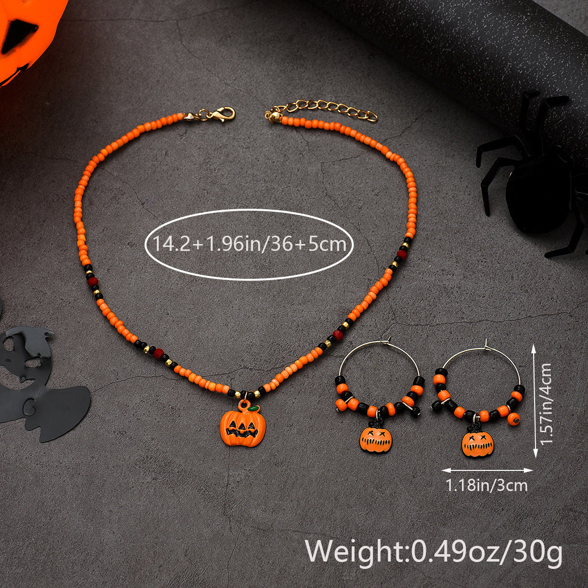 Wholesale Halloween Pumpkin Orange Rice Bead Earrings Necklace Set