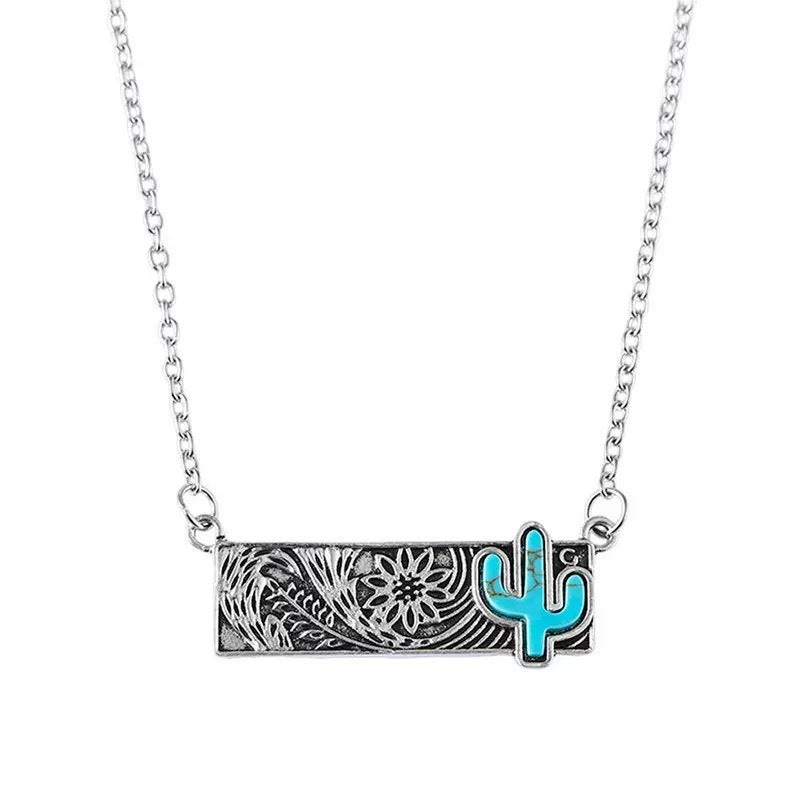 Wholesale Vintage Boho Turquoise Cactus Cross Pendant Necklace Western Cowboy Style Jewelry Accessory