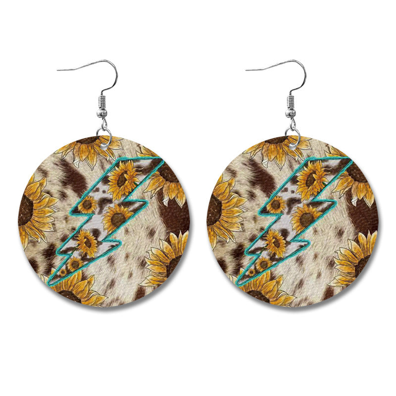 Wholesale Western Style Cow Pattern Sunflower Bull Head Leather Earrings