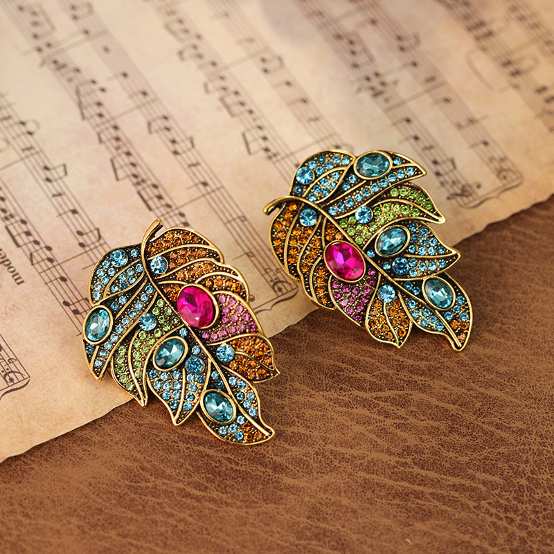 Wholesale Silver Needle Vintage Diamond Leaf Earrings