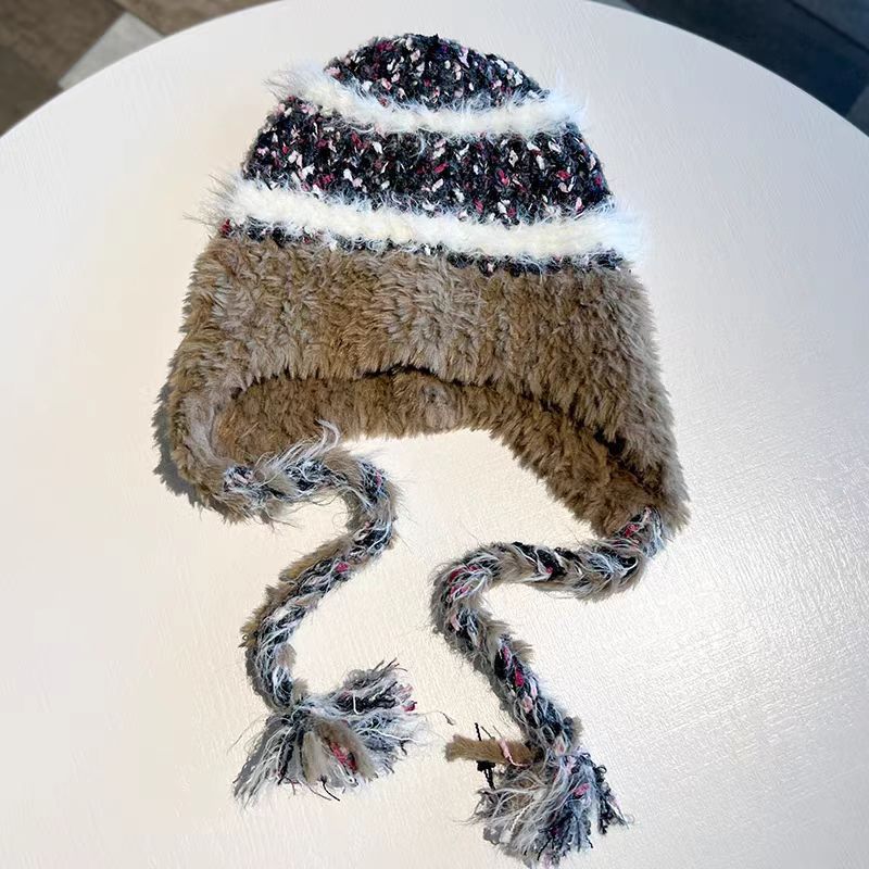 Wholesale Striped Stitching Plus Velvet Thick Warm Ear Protection Wool Hat