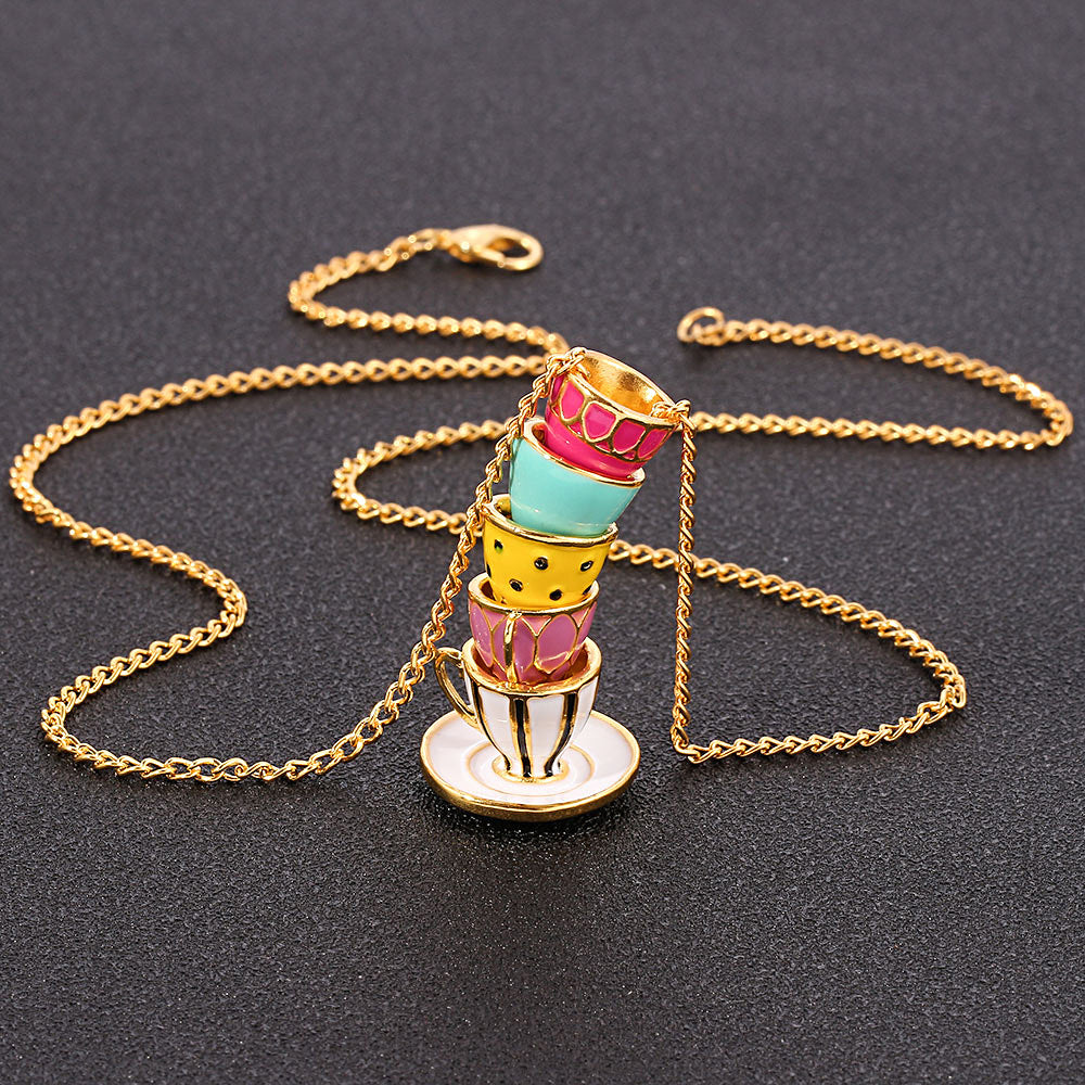 Wholesale Enamel Glaze Tea Cup Long Alloy Necklace
