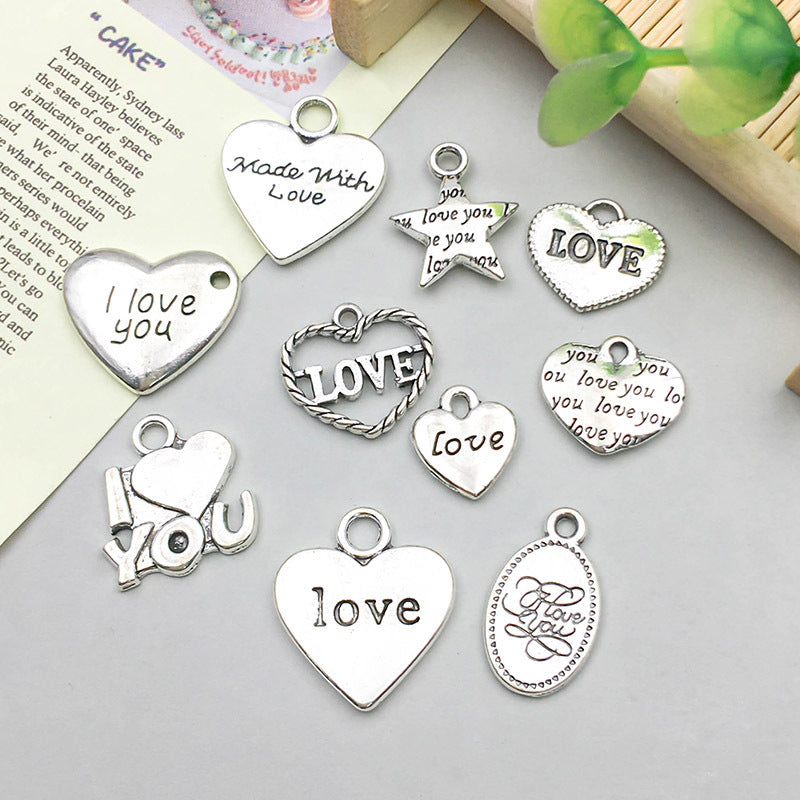 Wholesale 1 Antique Silver Alloy Simulation Heart-shaped English Letter DIY Pendant