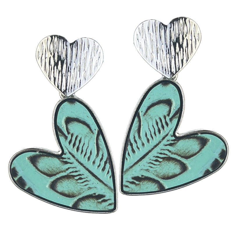 Wholesale 2Pairs/pack Metal Double Heart Embossed Textured Western Leather Earrings