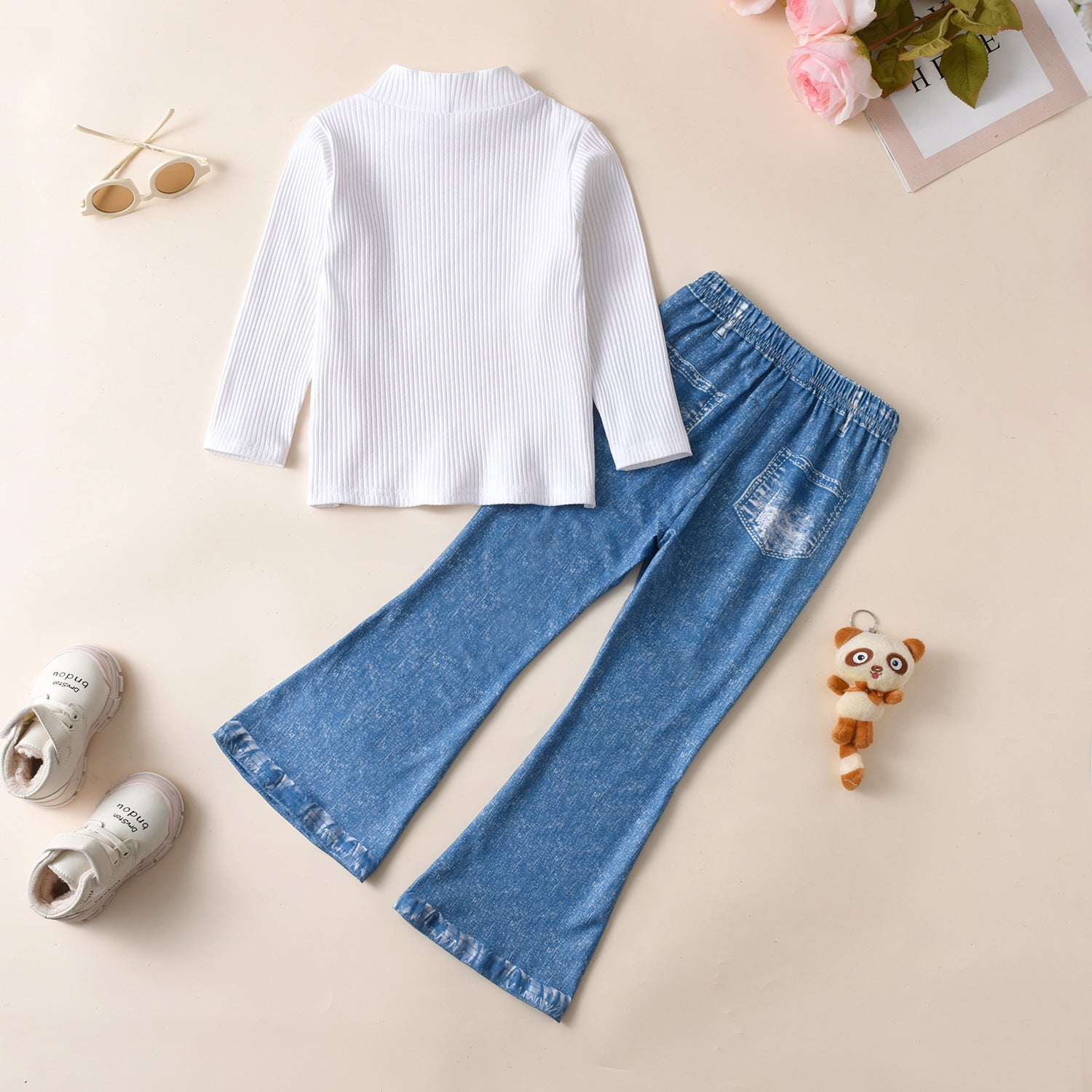 Wholesale Cotton High Neck Knitted Long Sleeve Top Faux Denim Flare Pants Suit