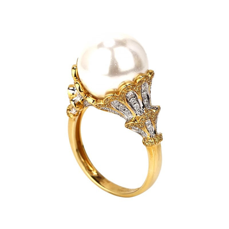 Wholesale Carved Gold Lace Lace Two-color Gold Inlaid Diamond Pearl Copper Ring