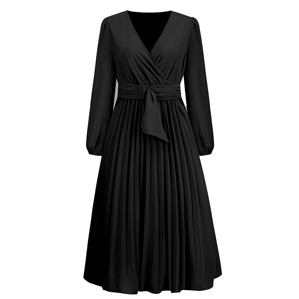 Wholesale Long Sleeve Slim Fit Pleated Belted V-neck Dress