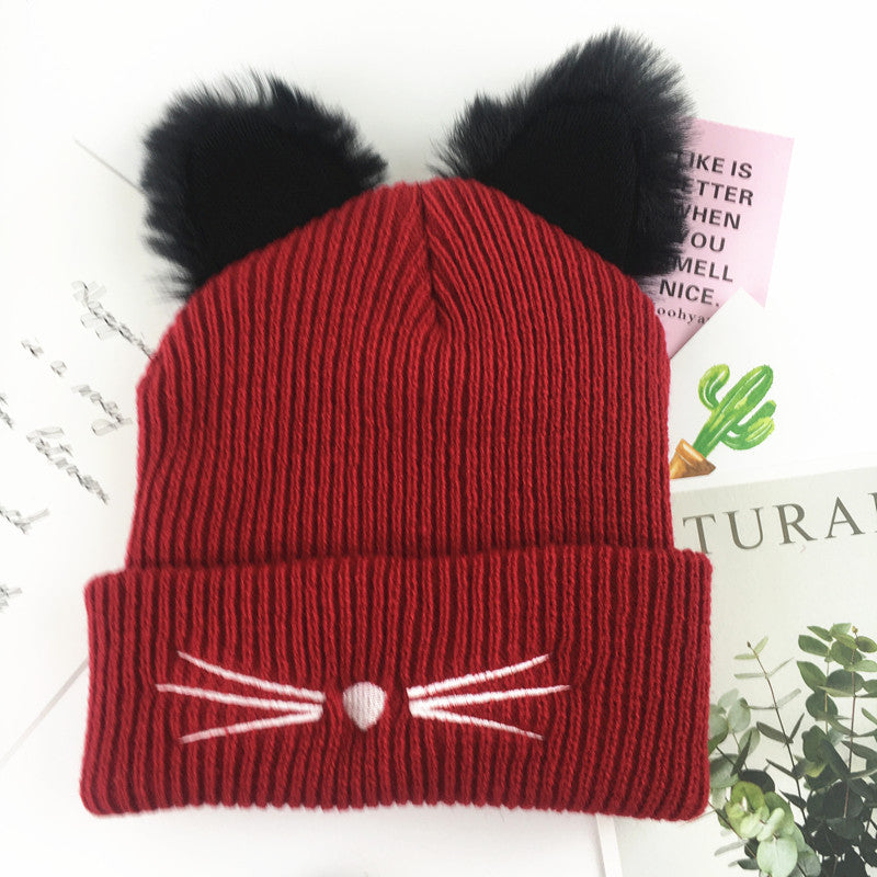 Wholesale Cute Cat Embroidery Furry Cat Ears Wool Hat