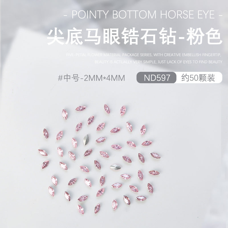 Wholesale 50pcs nail art pointed bottom diamond 5A zircon large, medium and small horse eye diamond special shaped diamond nail decoration