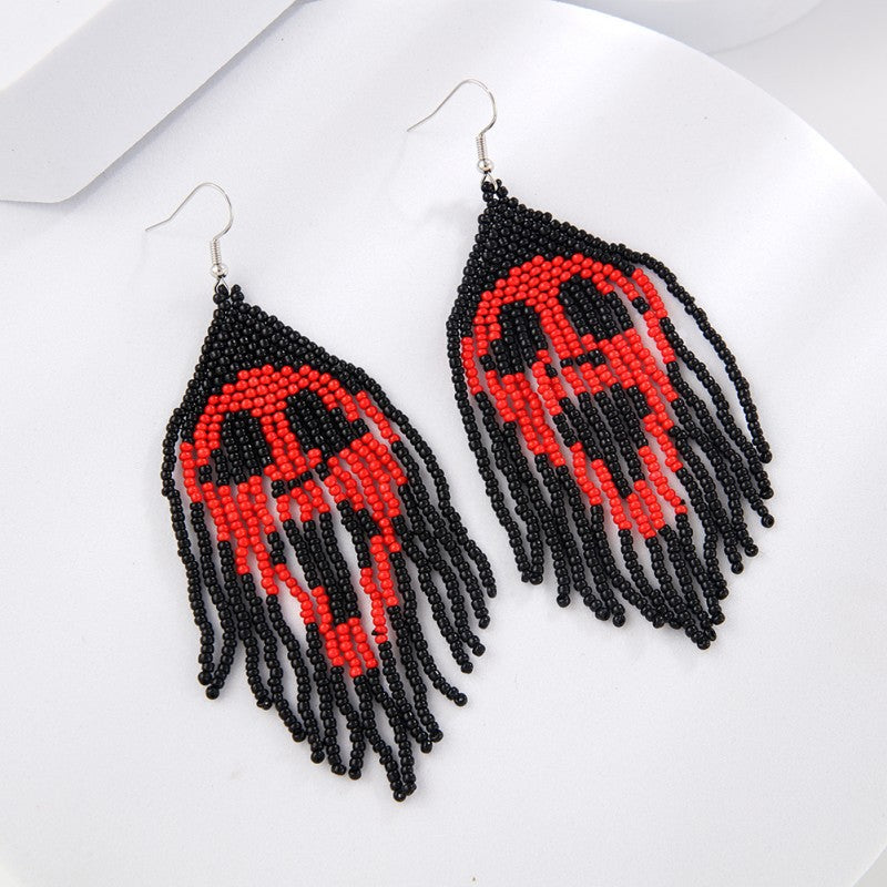 Wholesale Halloween Hand-woven Skull Pumpkin Tassel Rice Bead Earrings