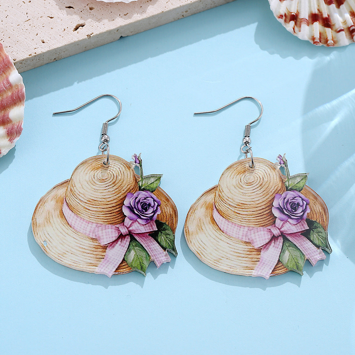 Wholesale Pink Bow Flower Straw Hat Acrylic Pendant Earrings
