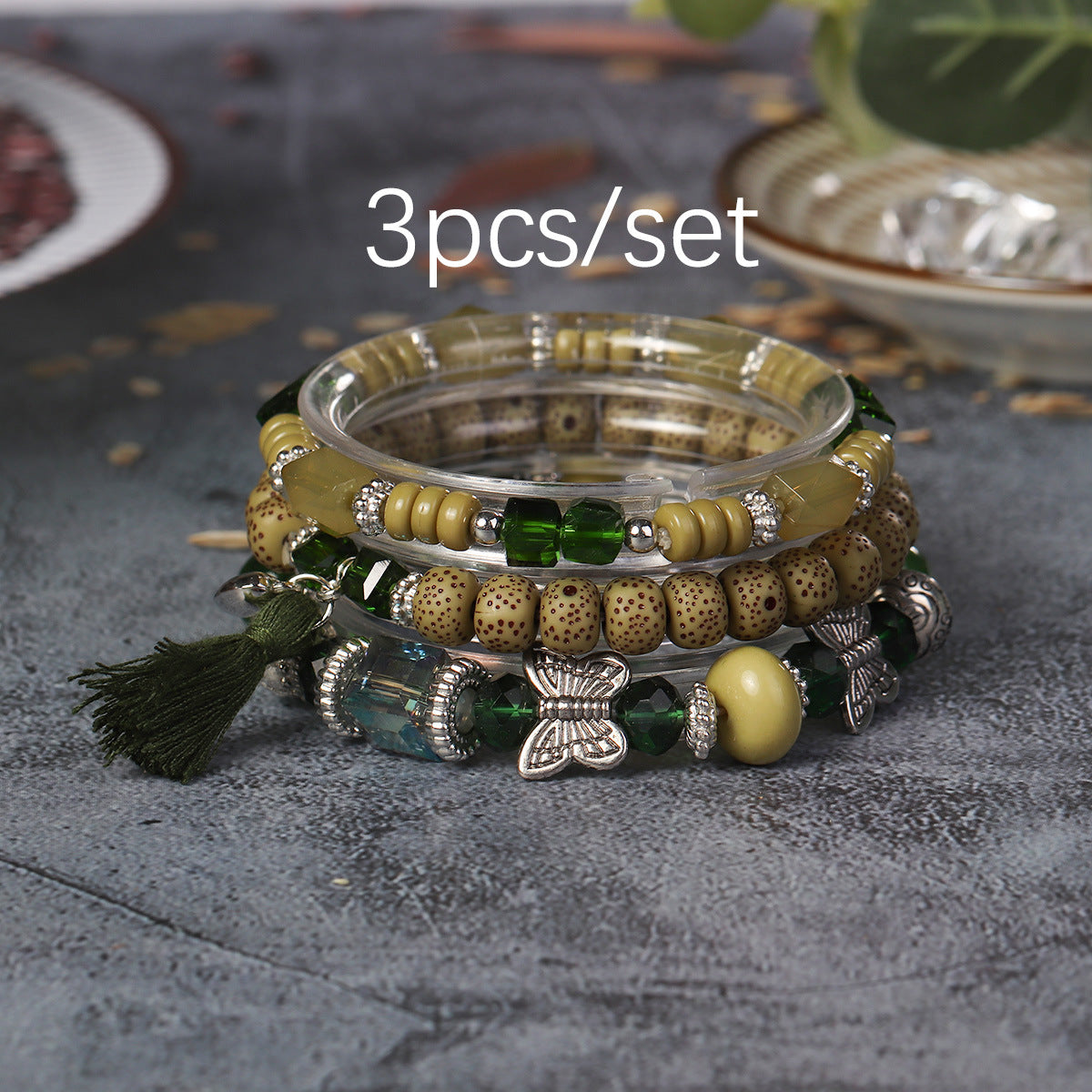 Wholesale Butterfly Tassel Pendant Glass Elastic Bracelet