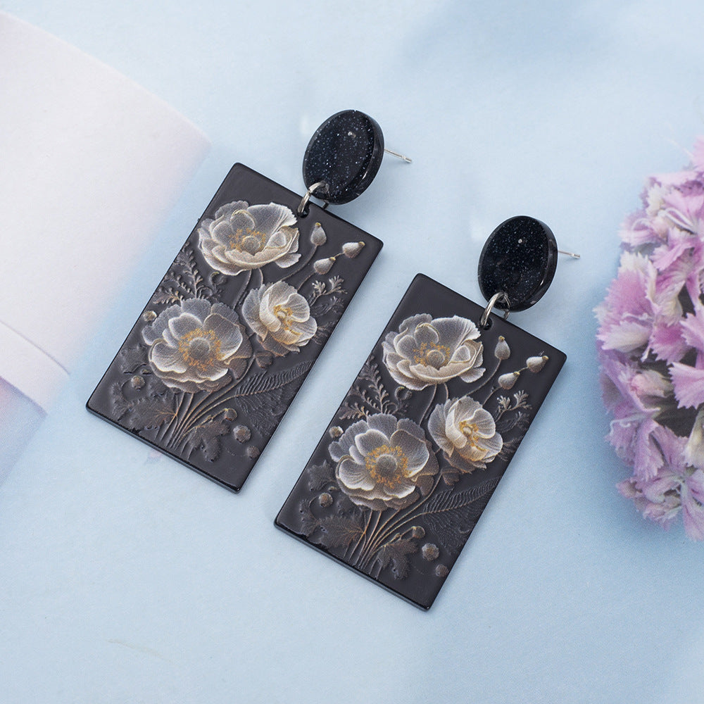 Wholesale Geometric Rectangular Poppy Flowers 3D Printed Vintage Acrylic Earrings