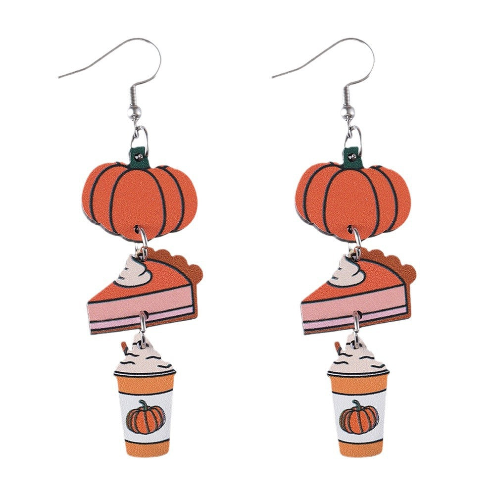 Wholesale Autumn Harvest Thanksgiving Triple Pendant Earrings Wooden Double-Sided Earrings