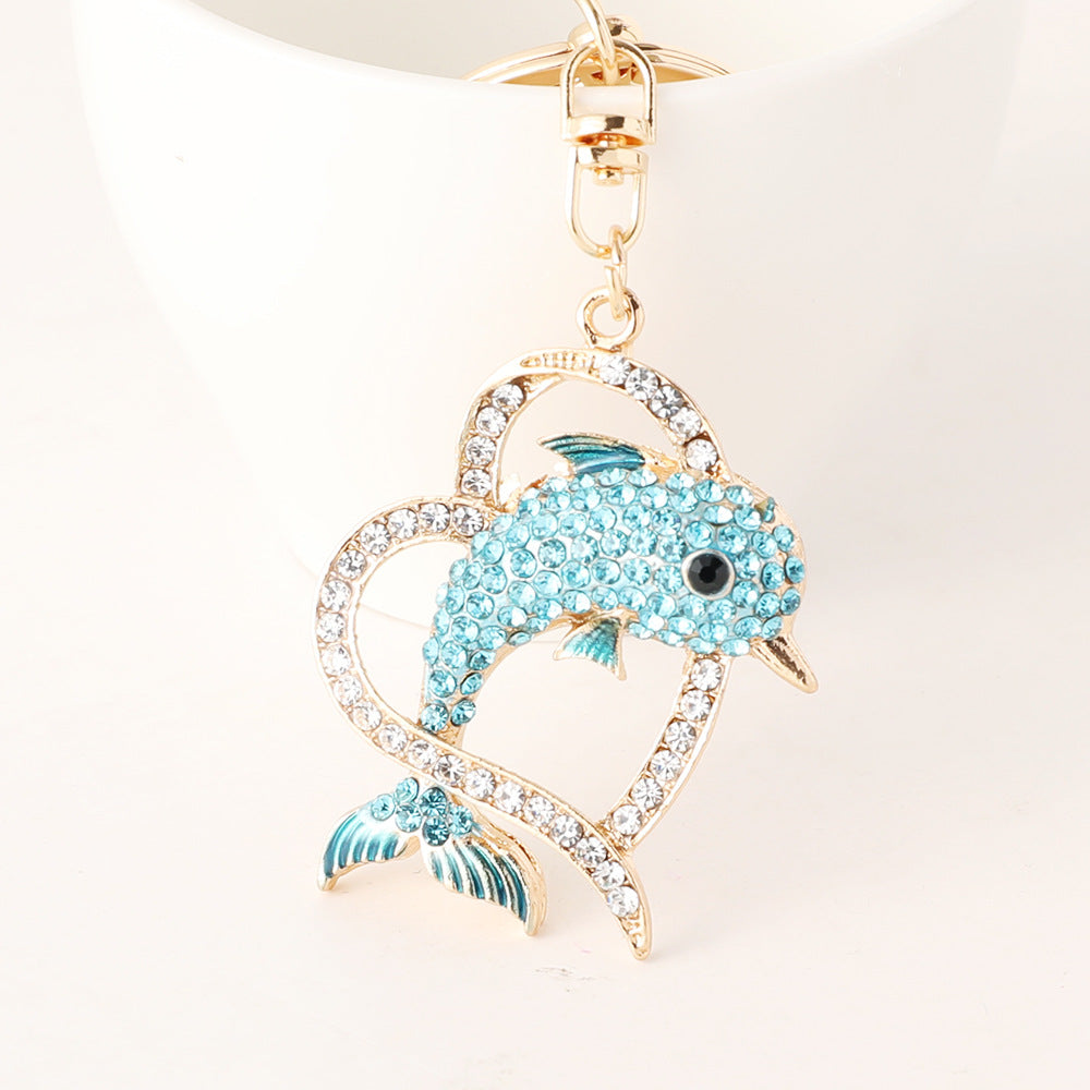 Wholesale Creative Ocean Diamond studded Love Dolphin Metal Keychain