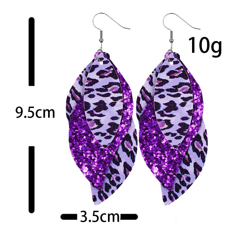 Wholesale S-Shaped Leather Earrings Leopard Print Earrings Sequin Ear Pendants