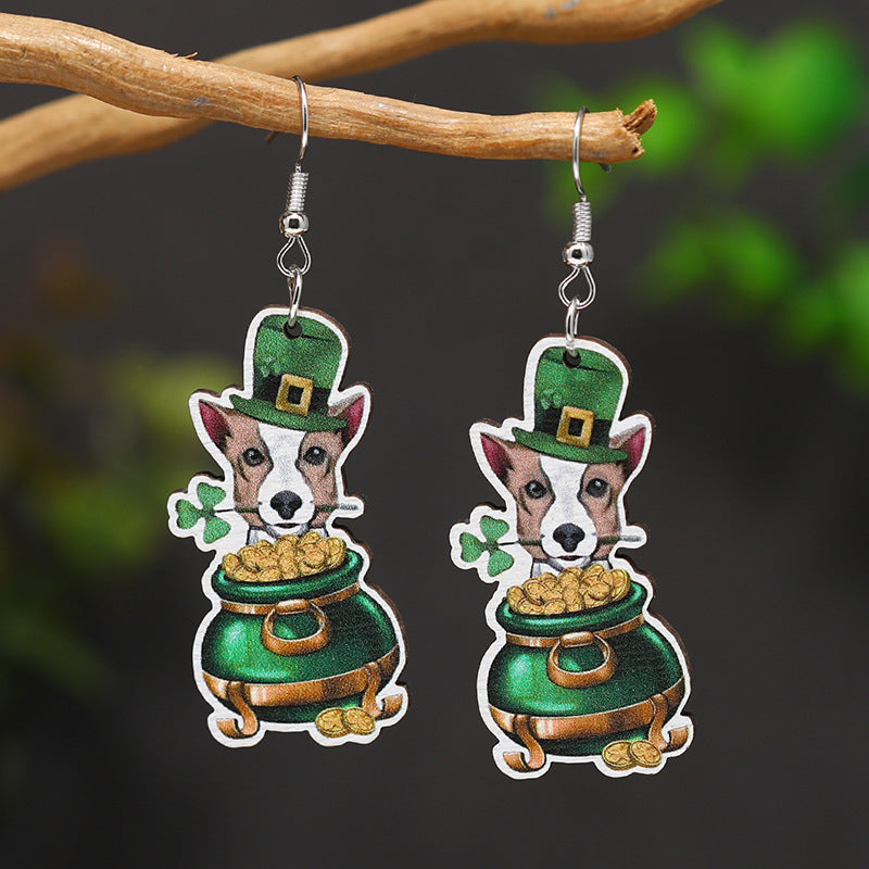 Wholesale Patrick's Day Four Leaf Clover Water Drop Wooden Earrings