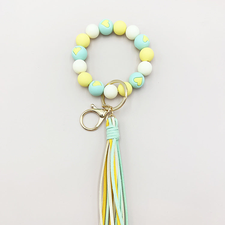 Wholesale Colorful Heart Silicone Beaded Velvet Tassel Wrist Keychain