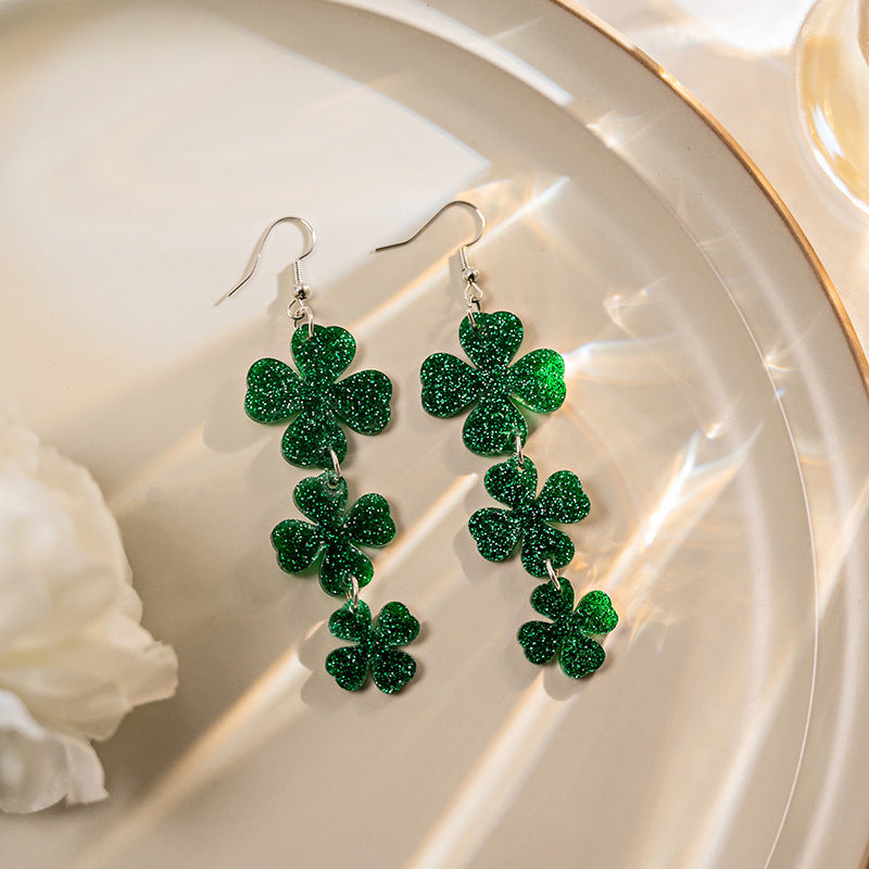 Wholesale St. Patrick's Day Carnival Cool All-match Green Acrylic Glitter Lucky Four-leaf Clover Ear Hook