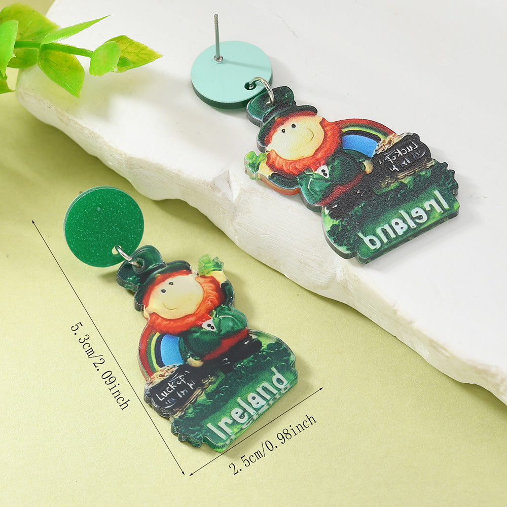 Wholesale St. Patrick's Day Green Hat Lucky Grass Clover Exaggerated Carnival Acrylic Double-Sided Earrings