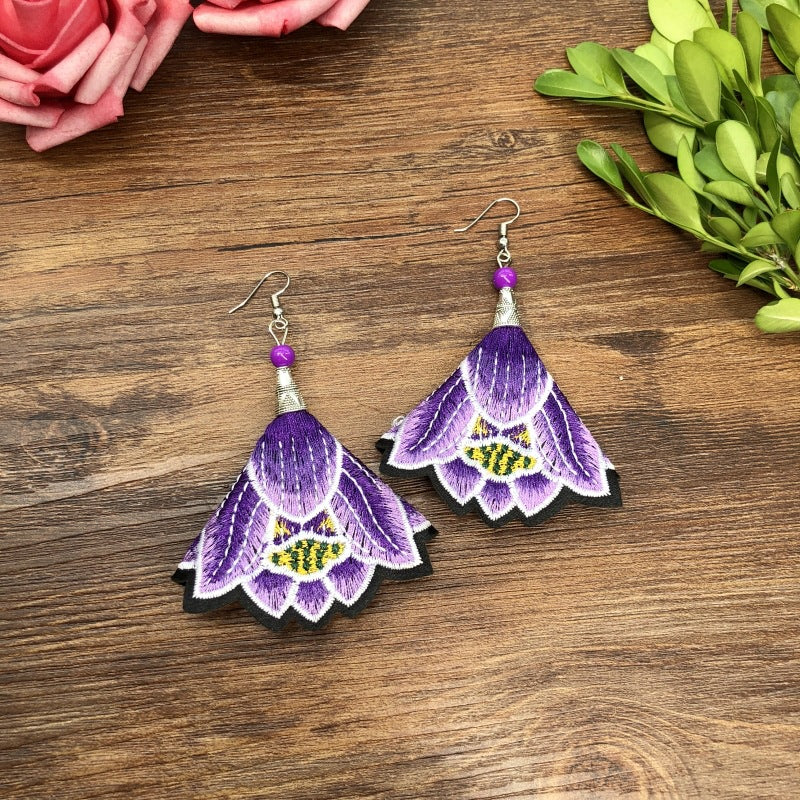 Wholesale Embroidered vintage fabric flower tassel earrings