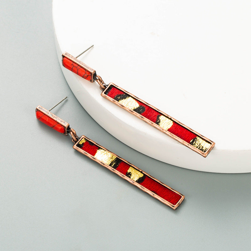 Wholesale Exaggerated long leather inlaid turquoise red coffee leopard print leather earrings