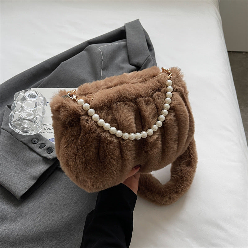 Wholesale Autumn and Winter Plush Bag Pearl Chain Shoulder Bag