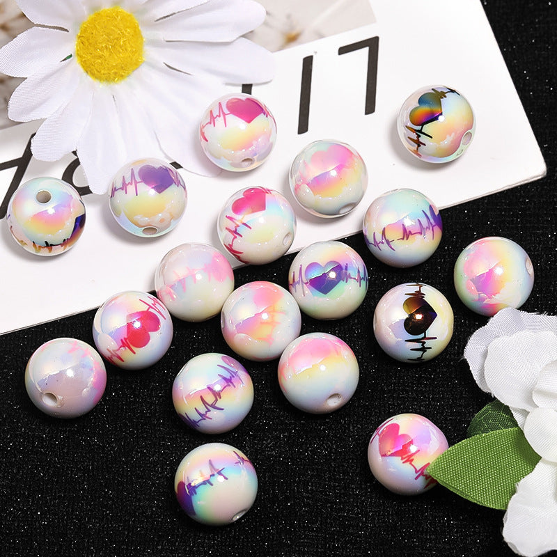 Wholesale 100pcs Valentine's Day Love Electrographic Printed Round Beads UV Coated Acrylic Beads