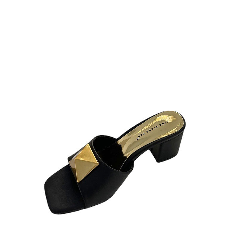 Wholesale PU Word Square Toe Solid Color Chunky Heel Slippers