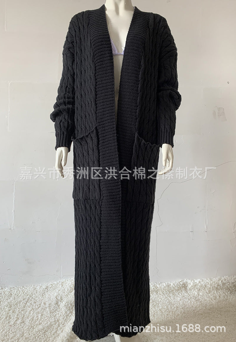 Wholesale Long Knitted Sweater Jacket Cardigan Pocket Long Sweater Thickened Jacket