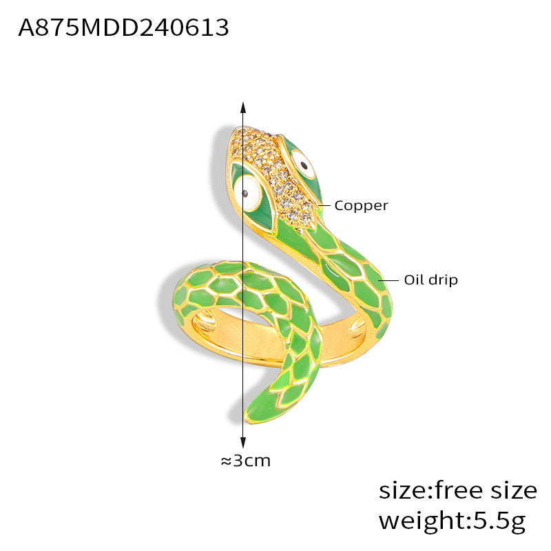 Wholesale  New All-match Color Oil Dripping Ins Wind Finger Ring Copper Gold Plated Diamond Three-dimensional Snake-shaped Winding Open Ring