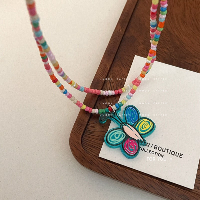 Wholesale Colorful Double Layer Beaded Flower Butterfly Necklaces