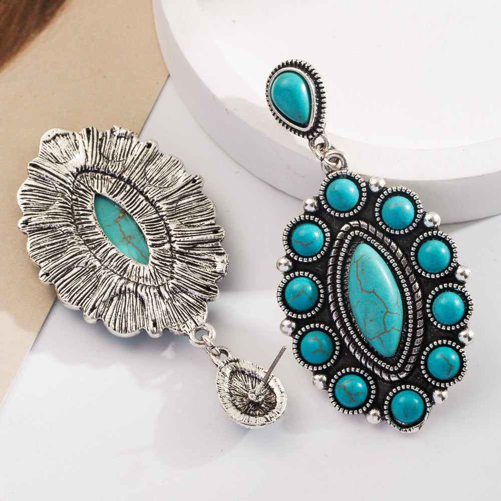 Wholesale Vintage Bohemian Turquoise Geometric Exaggerated Leather Earrings