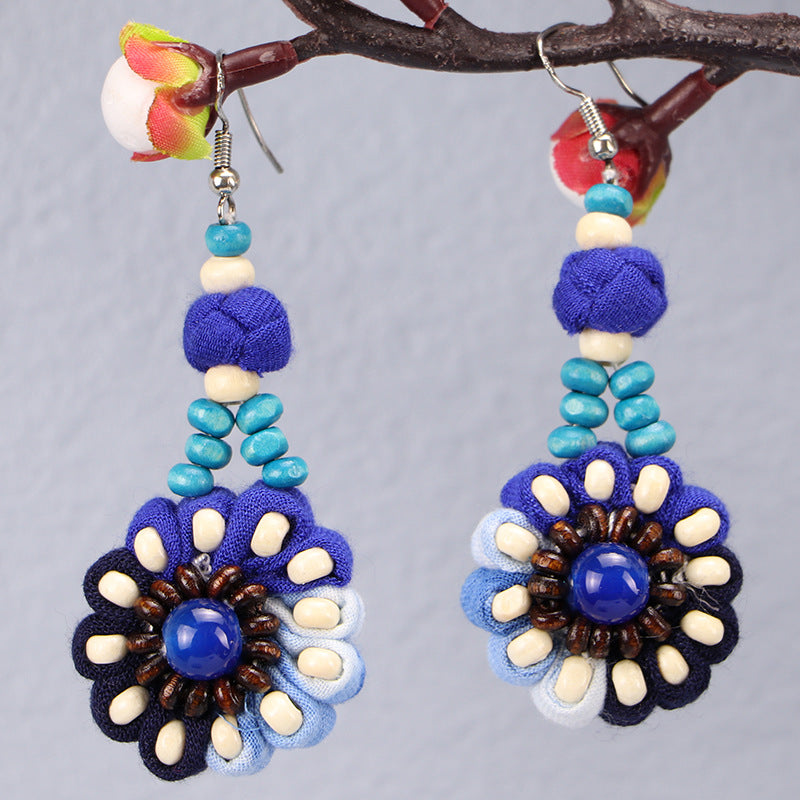 Wholesale Tie-dye blue dye earrings earrings ethnic style buckle flower blue earrings tie-dye earrings