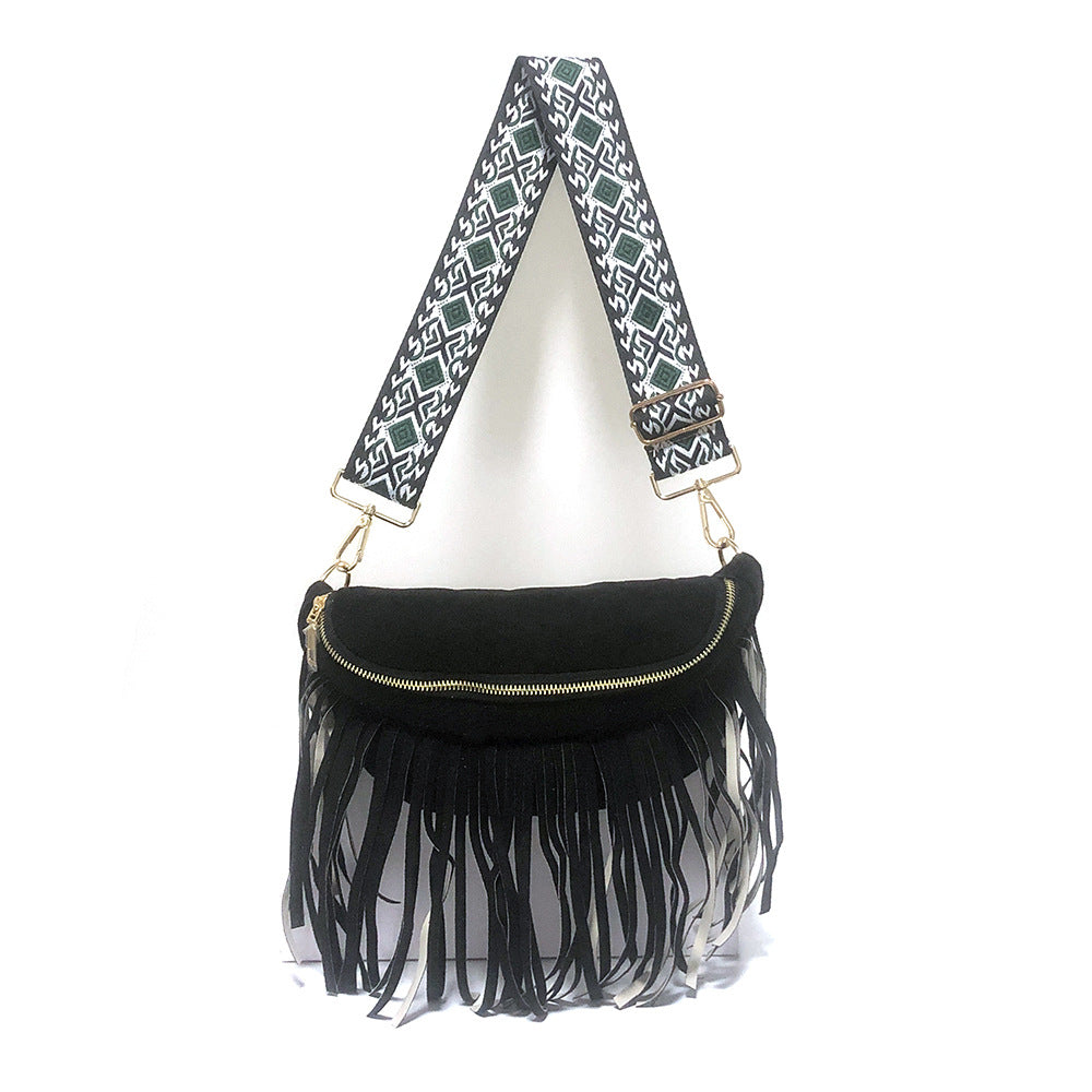 Wholesale Retro Ethnic Style Wide Shoulder Strap Detachable Tassel Bag PU Crossbody Bag