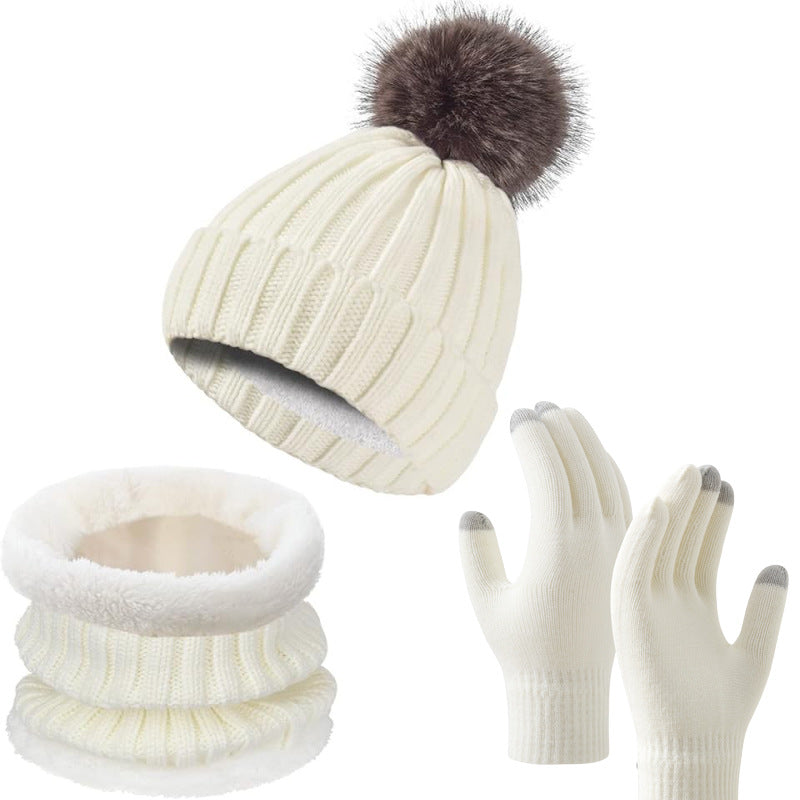 Wholesale Knitted Wool Warm Plus Velvet Thick Winter Scarf Gloves Hat Neck Three-piece Set