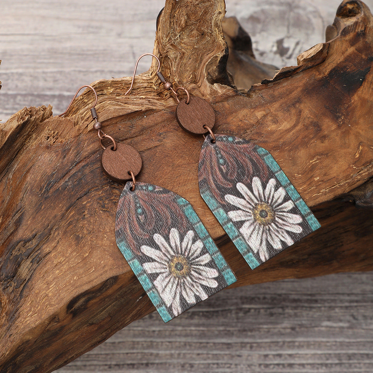 Wholesale Cross  Western Style  Cow Head Flower Pattern Wooden Earrings