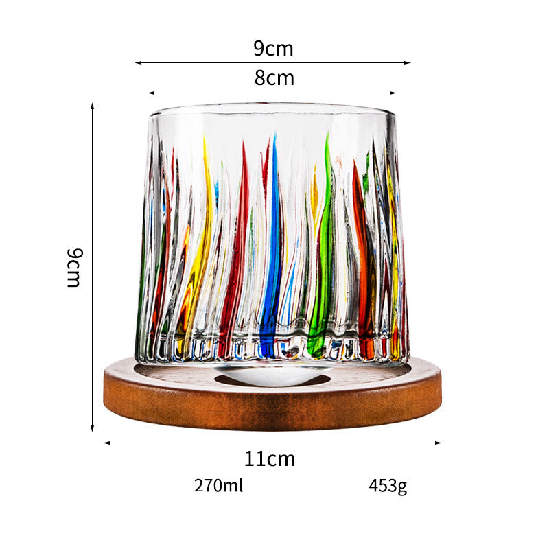 Wholesale Haisman thickened color glass creative rotating whiskey glass hand painted rotating cup with wooden tray decompression Cup