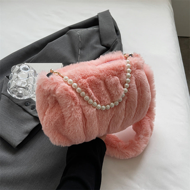Wholesale Autumn and Winter Plush Bag Pearl Chain Shoulder Bag