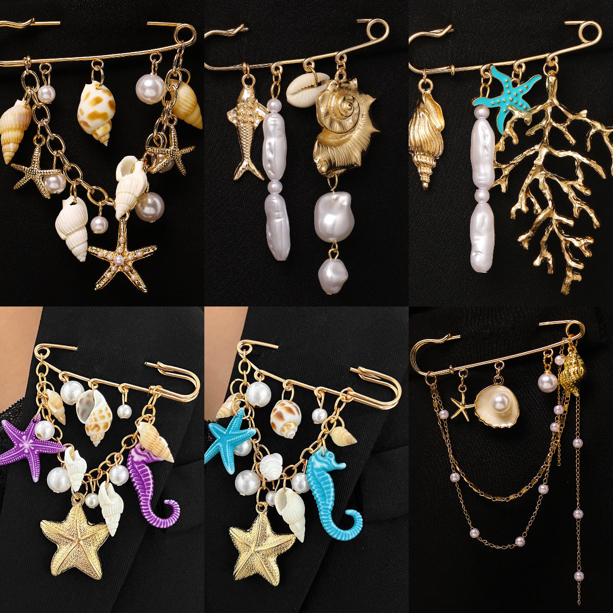 Wholesale Alloy Gold Beach Brooch Pendant Starfish Shell Imitation Pearl Women S Multifunctional Pants Chain Clip Everyday Jewelry Accessory Gift