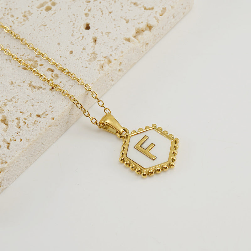 Wholesale Stainless Steel Plated Hexagonal Natural Shell Letter Pendant 18K Necklace