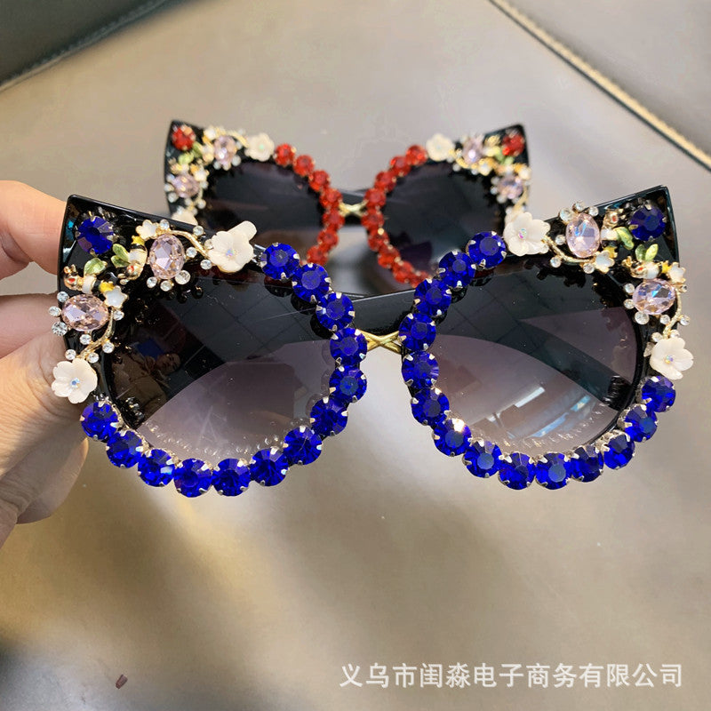 Wholesale Flower Metal Diamond Exaggerated Cat Eye Sunglasses